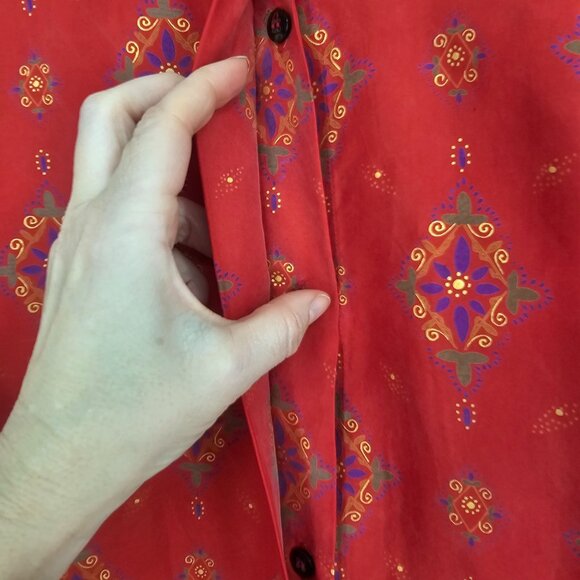 VTG Diane Gilman Red Silk Button Up Shirt L Boho Floral Print Hidden Button - Picture 10 of 10